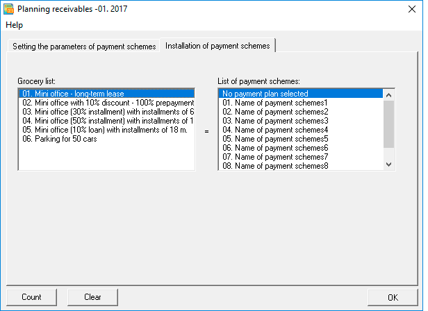 Edit payment schemes, the Setup tab, payment schemes Program Budget-Plan Express allows you to perform the receipt of money for a specific product