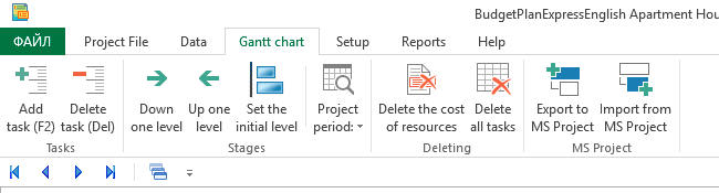 Budget-Plan Express toolbar. Menu Gantt chart - the ribbon interface, Office 2007-2019