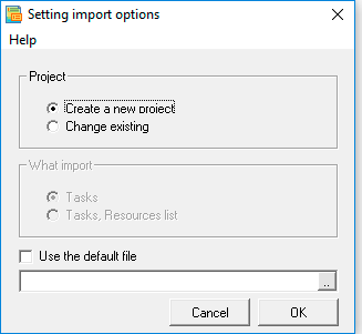 Import new project - settings form Gantt chart - import from MS Project. Business planning Budget-Plan Express