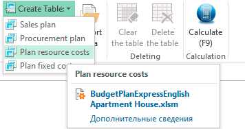 Create a table Plan production costs