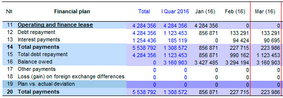 Schedule of payments for the entire period of the lease – Budget planning-Plan Express