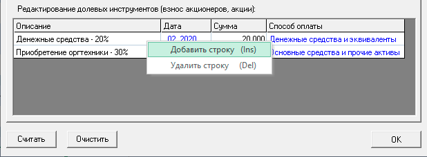 A simple example of planning deposits of funds and contributions to the property of participants