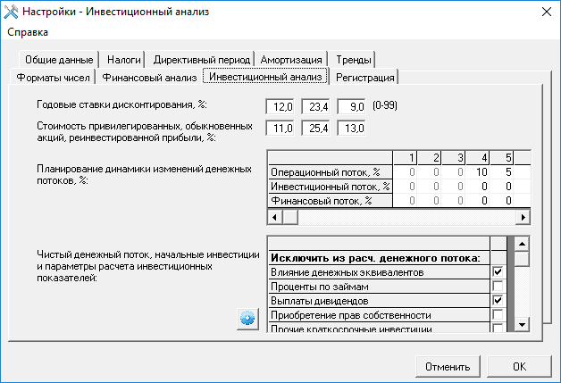 Интерфейс настроек предлагает указать ставки дисконтирования, стоимость капитала (стоимость привилегированных, обыкновенных акций, реинвестированной прибыли), указать (в процентах) динамику изменений денежных потоков, и настроить параметры расчета инвестиционных показателей.