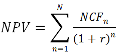 The net present value is the present value of future earnings, adjusted by the discount rate, minus the present value of the initial (total) investment