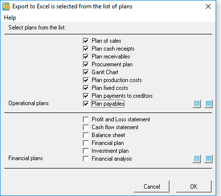 Check the appropriate boxes and click OK After exporting financial plans to Excel, they can be edited and modified data, build charts of any complexity